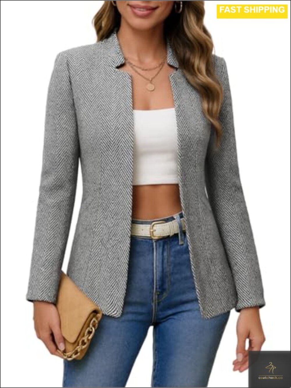 Women's Herringbone Tweed Blazer Open Front Notch Collar Business Casual